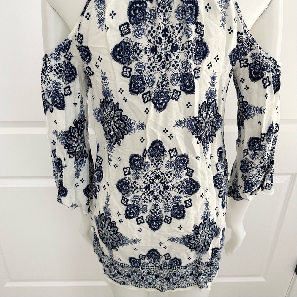 Blue & White Floral Paisley Print Boho Festival Cutout Dress - Picture 5 of 17